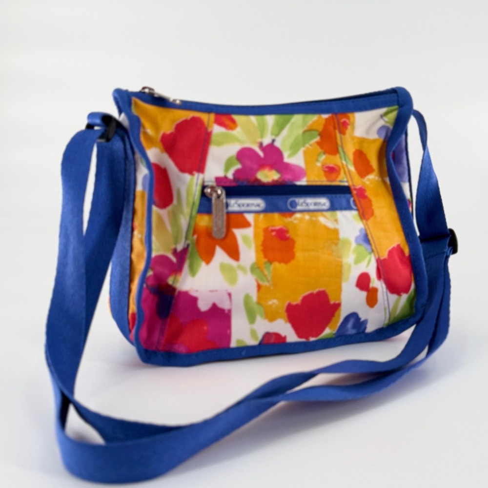 LESPORTSAC Floral Crossbody Shoulder Bag Multicolor Nylon Blue Trim